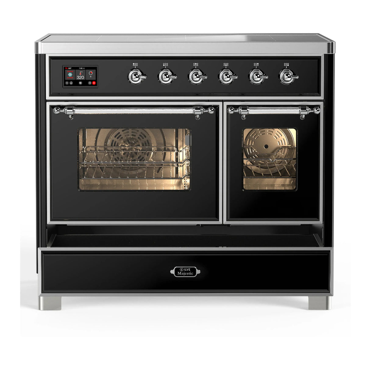 ILVE Majestic III 40-Inch Induction Range with 6 Induction Elements and Triple Glass Door Electric Oven in Glossy Black with Chrome Trim (UMDIB40NR3BKC)