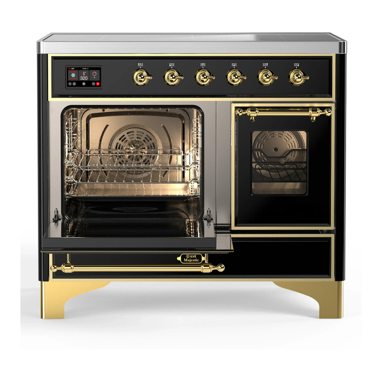 ILVE Majestic III 40-Inch Induction Range with 6 Induction Elements and Triple Glass Door Electric Oven in Glossy Black with Brass Trim (UMDIB40NR3BKG)