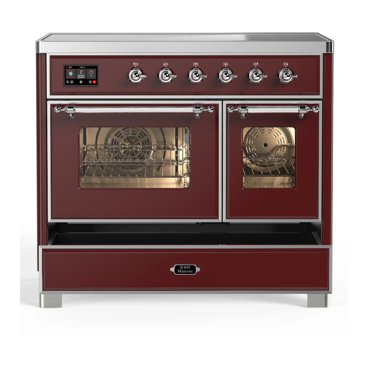 ILVE Majestic III 40-Inch Induction Range with 6 Induction Elements and Triple Glass Door Electric Oven in Burgundy with Chrome Trim (UMDIB40NR3BUC)