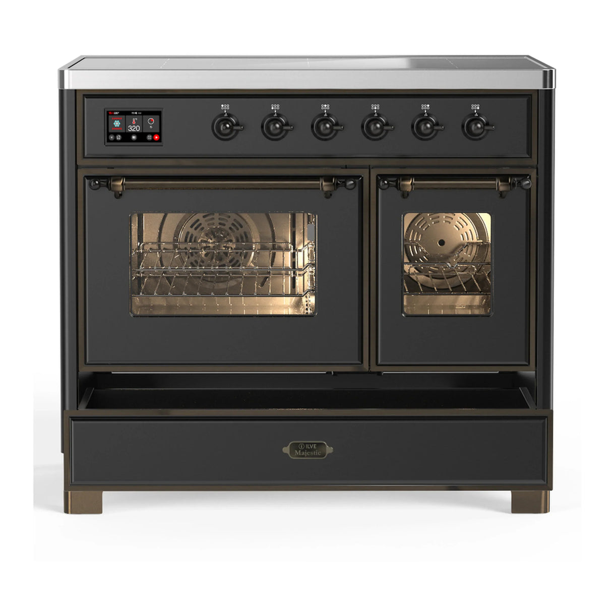 ILVE Majestic III 40-Inch Induction Range with 6 Induction Elements and Triple Glass Door Electric Oven in Matte Graphite with Burnished Trim (UMDIB40NR3MGB)
