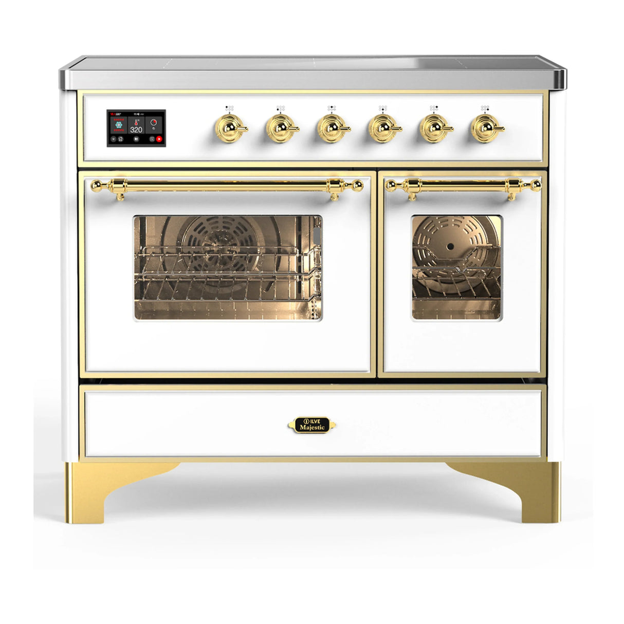 ILVE Majestic III 40-Inch Induction Range with 6 Induction Elements and Triple Glass Door Electric Oven in White with Brass Trim (UMDIB40NR3WHG)