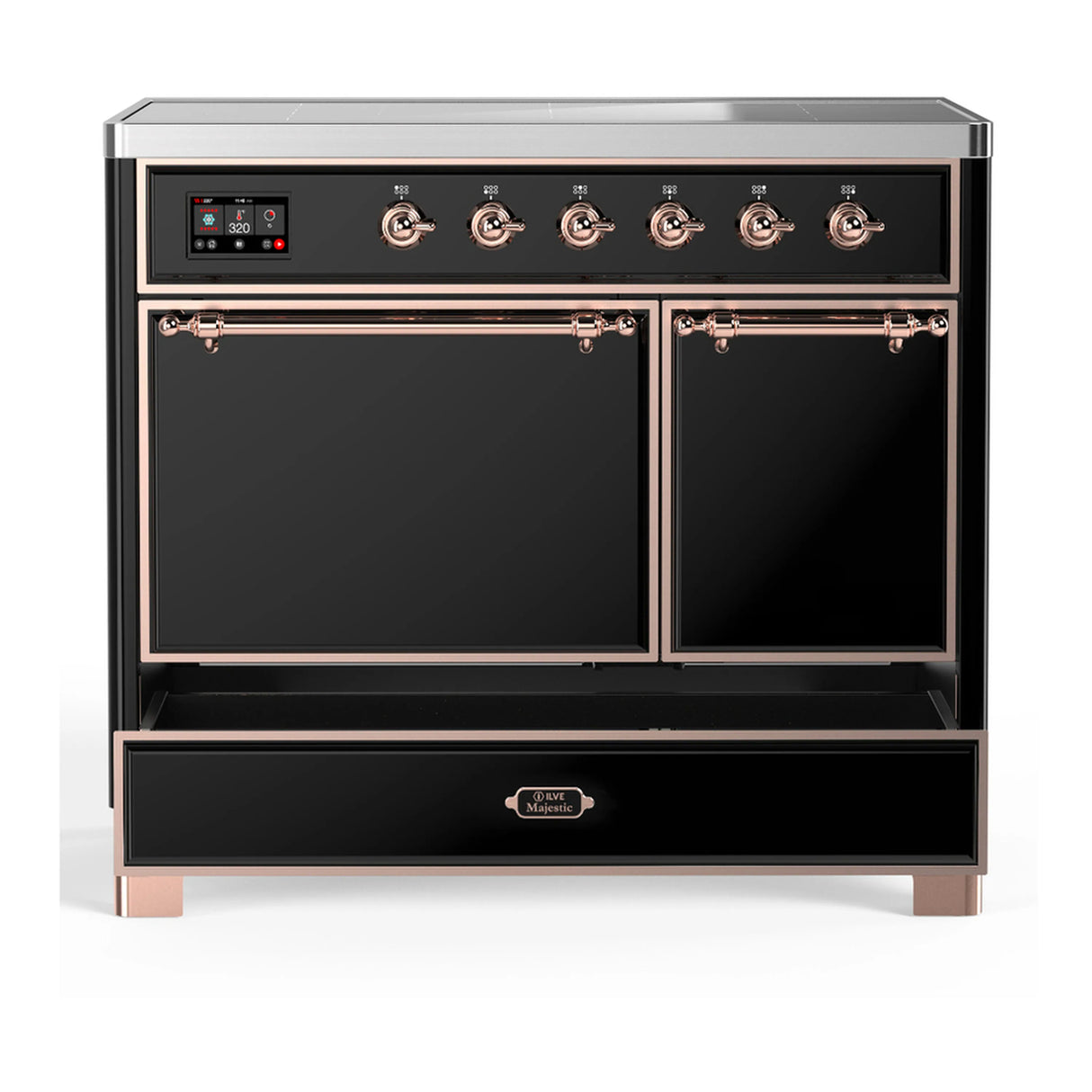 ILVE Majestic III 40-Inch Induction Range with 6 Induction Elements and Solid Door Electric Oven in Glossy Black with Copper Trim (UMDIB40QNR3BKP)
