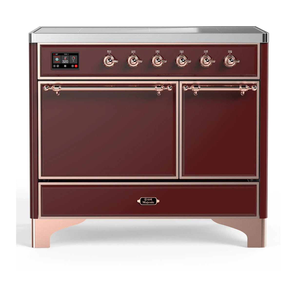 ILVE Majestic III 40-Inch Induction Range with 6 Induction Elements and Solid Door Electric Oven in Burgundy with Copper Trim (UMDIB40QNR3BUP)