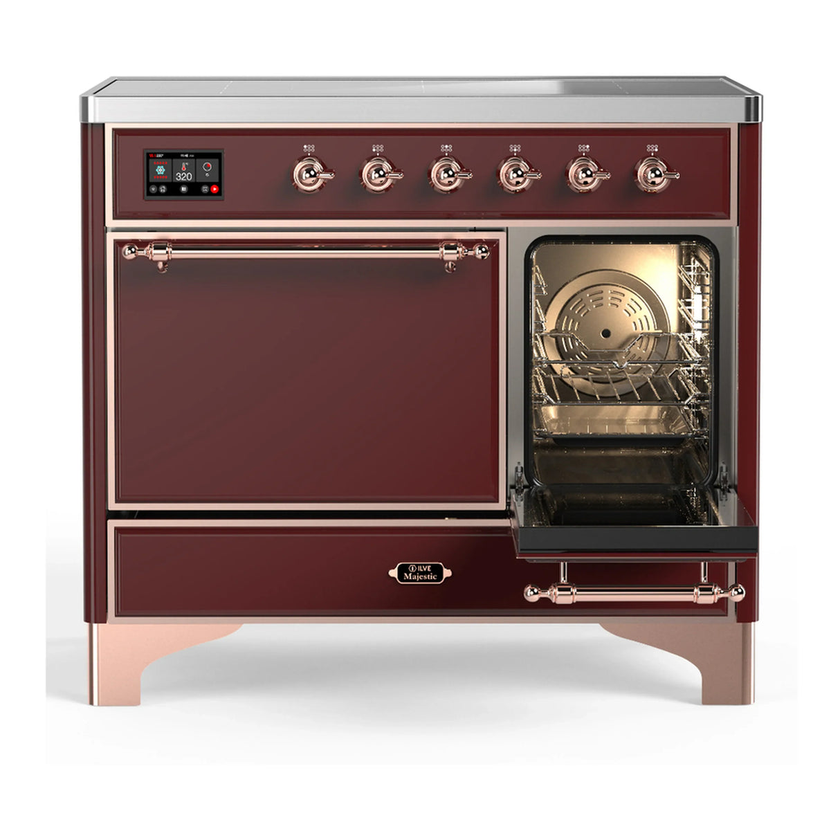 ILVE Majestic III 40-Inch Induction Range with 6 Induction Elements and Solid Door Electric Oven in Burgundy with Copper Trim (UMDIB40QNR3BUP)
