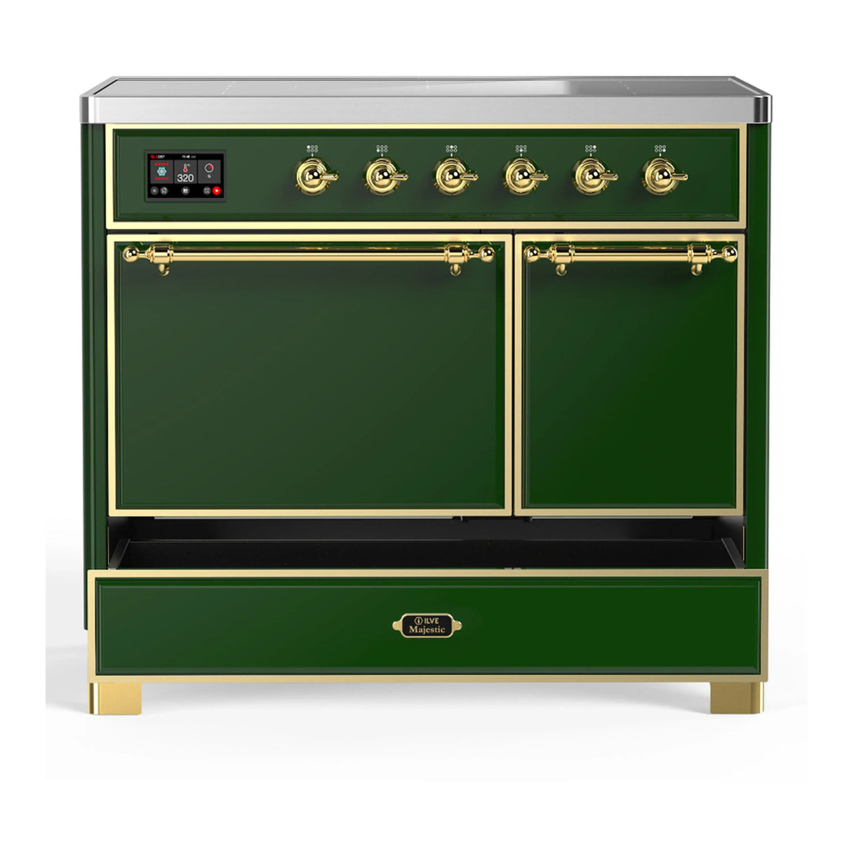ILVE Majestic III 40-Inch Induction Range with 6 Induction Elements and Solid Door Electric Oven in Emerald Green with Brass Trim (UMDIB40QNR3EGG)