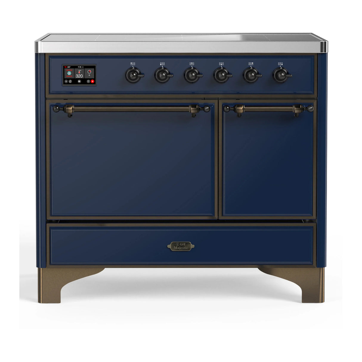 ILVE Majestic III 40-Inch Induction Range with 6 Induction Elements and Solid Door Electric Oven in Mightnight Blue with Burnished Trim (UMDIB40QNR3MBB)