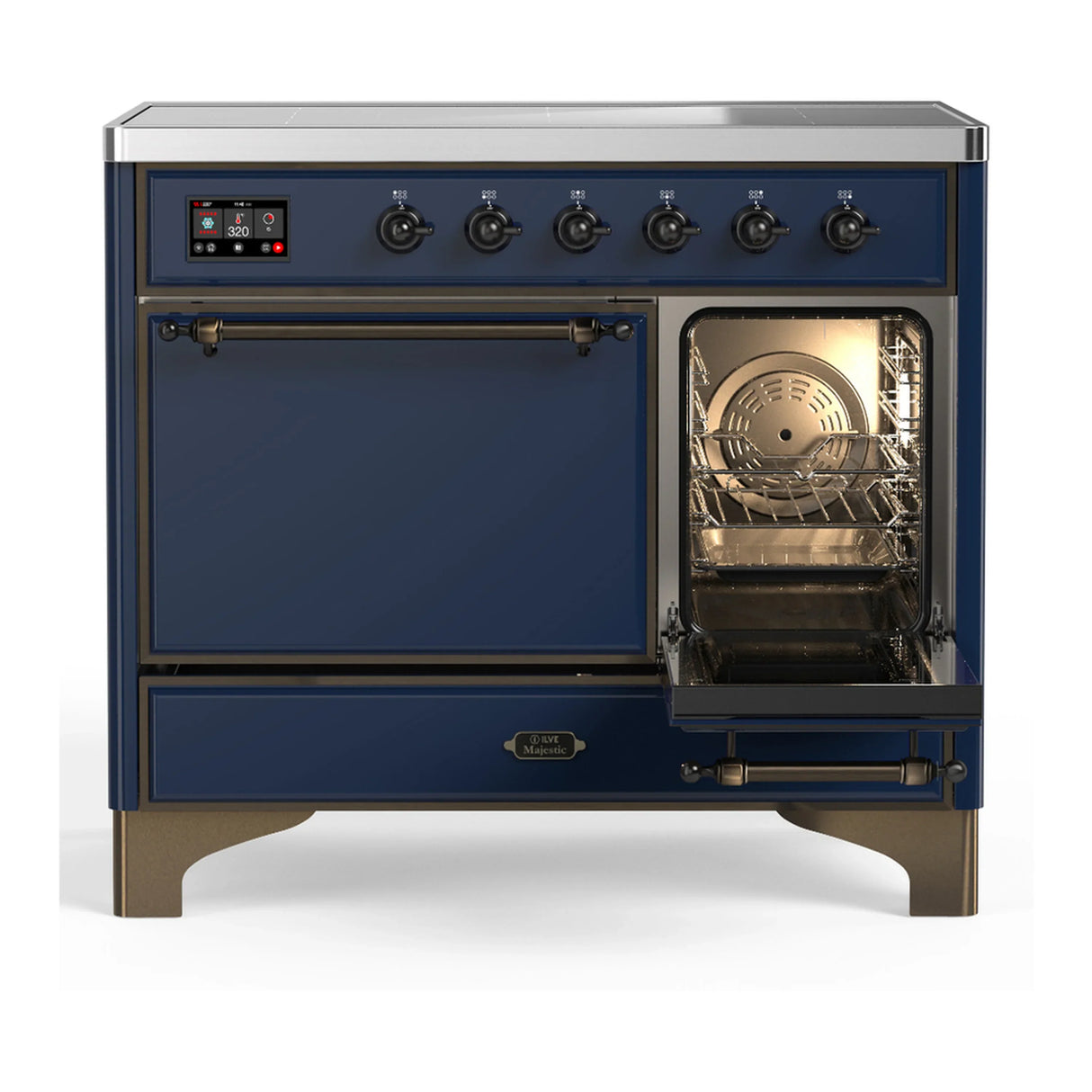 ILVE Majestic III 40-Inch Induction Range with 6 Induction Elements and Solid Door Electric Oven in Mightnight Blue with Burnished Trim (UMDIB40QNR3MBB)