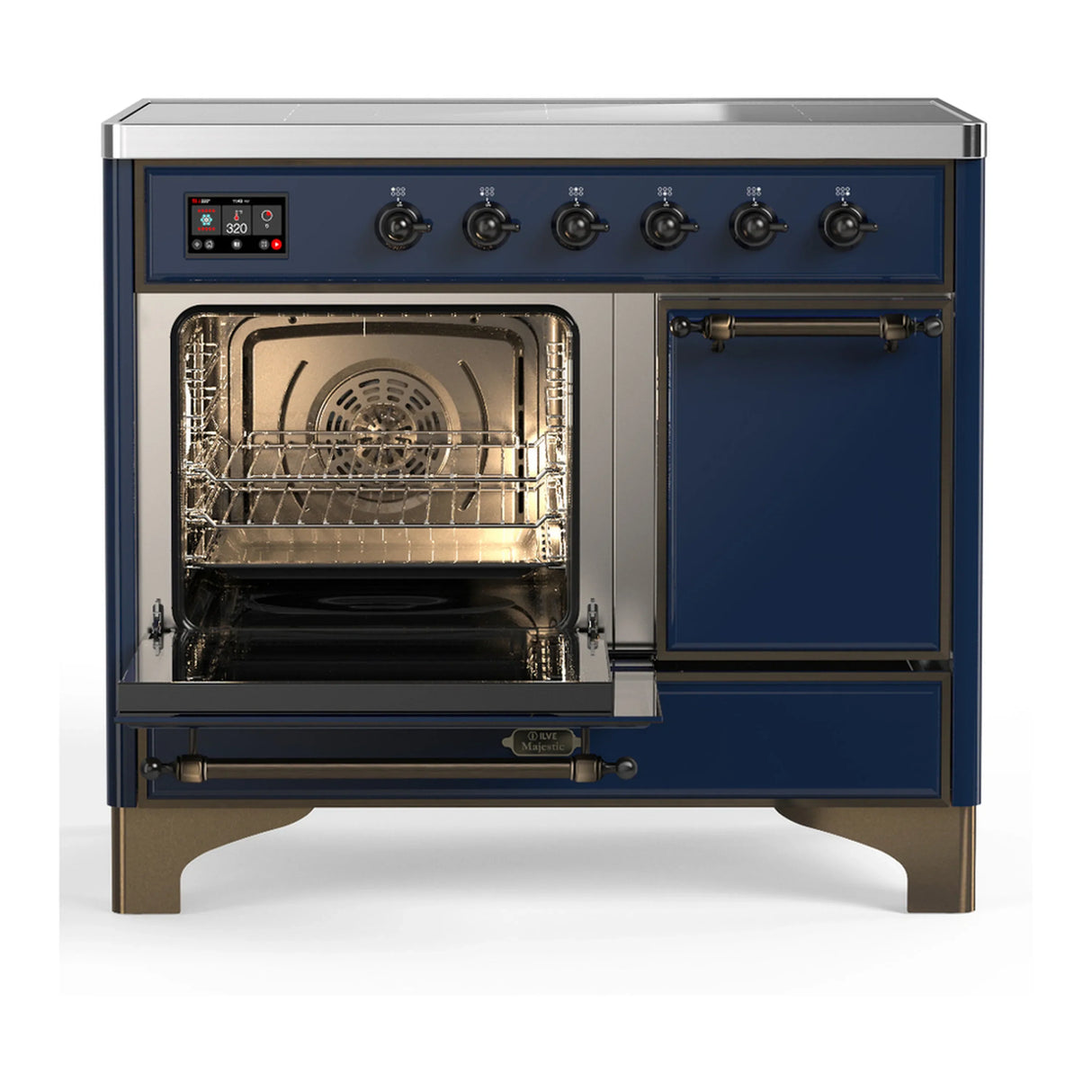 ILVE Majestic III 40-Inch Induction Range with 6 Induction Elements and Solid Door Electric Oven in Mightnight Blue with Burnished Trim (UMDIB40QNR3MBB)