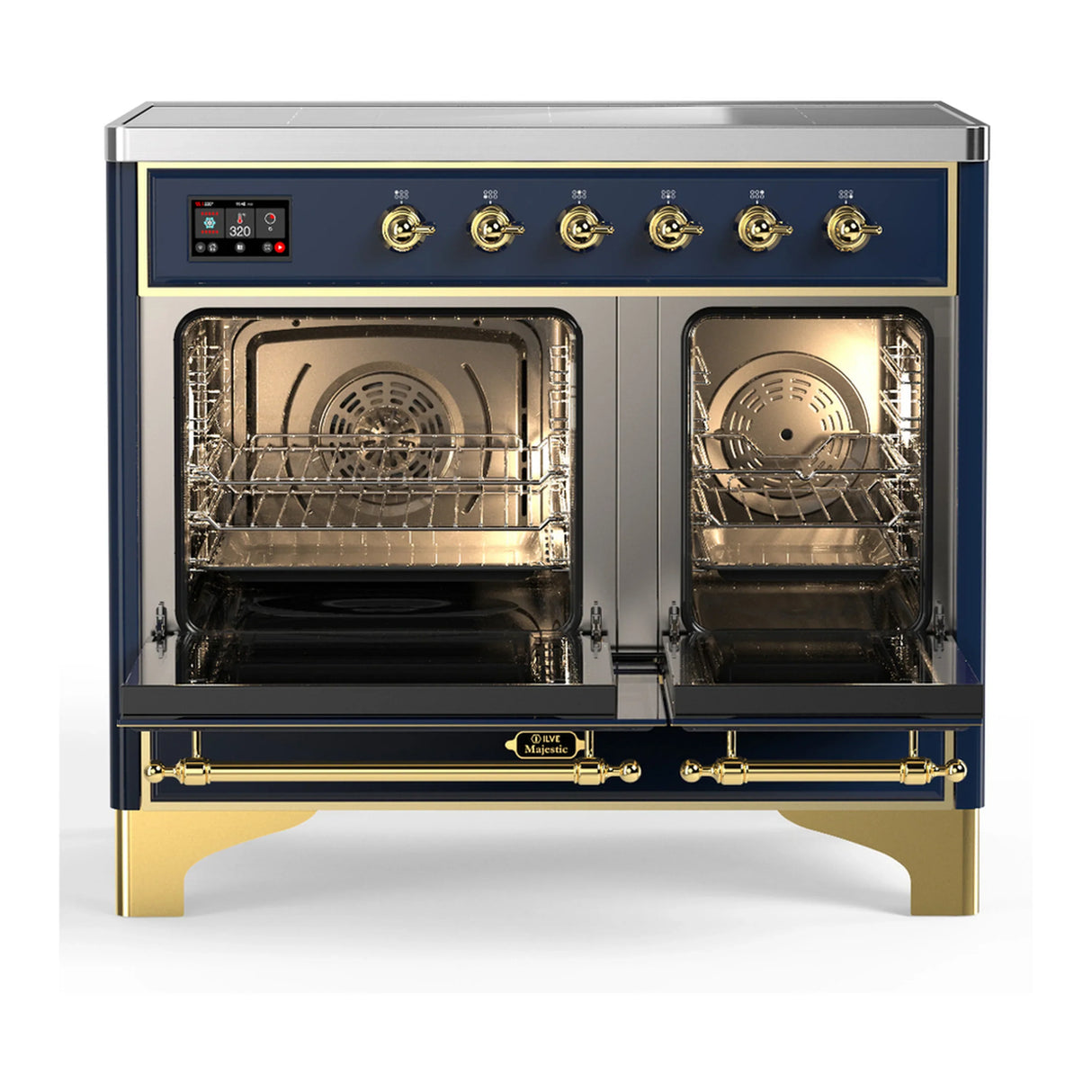 ILVE Majestic III 40-Inch Induction Range with 6 Induction Elements and Solid Door Electric Oven in Mightnight Blue with Brass Trim (UMDIB40QNR3MBG)
