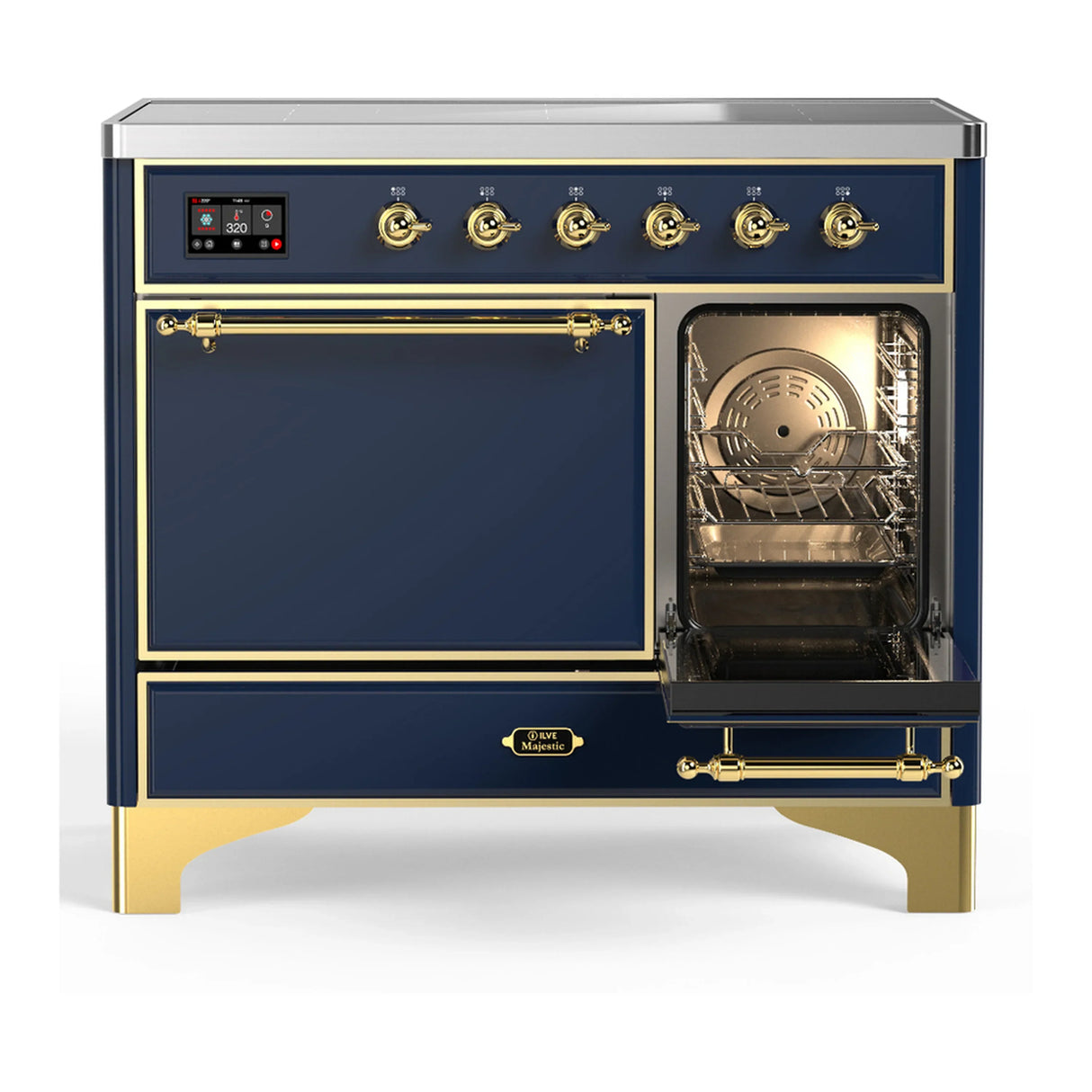 ILVE Majestic III 40-Inch Induction Range with 6 Induction Elements and Solid Door Electric Oven in Mightnight Blue with Brass Trim (UMDIB40QNR3MBG)
