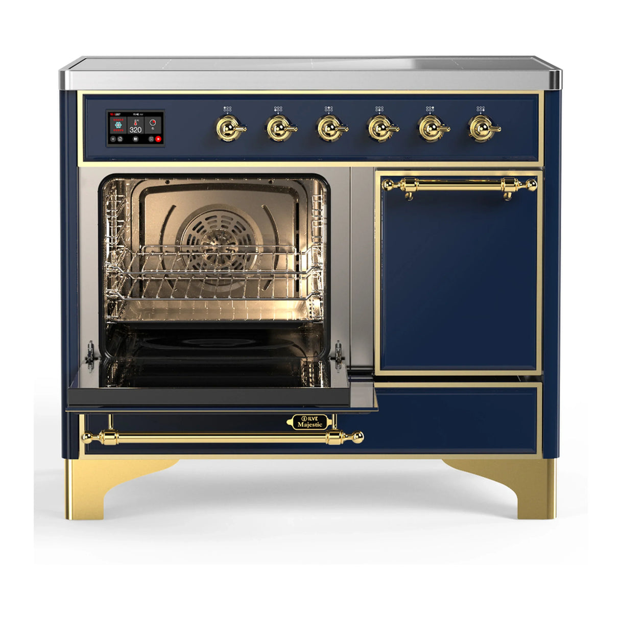 ILVE Majestic III 40-Inch Induction Range with 6 Induction Elements and Solid Door Electric Oven in Mightnight Blue with Brass Trim (UMDIB40QNR3MBG)