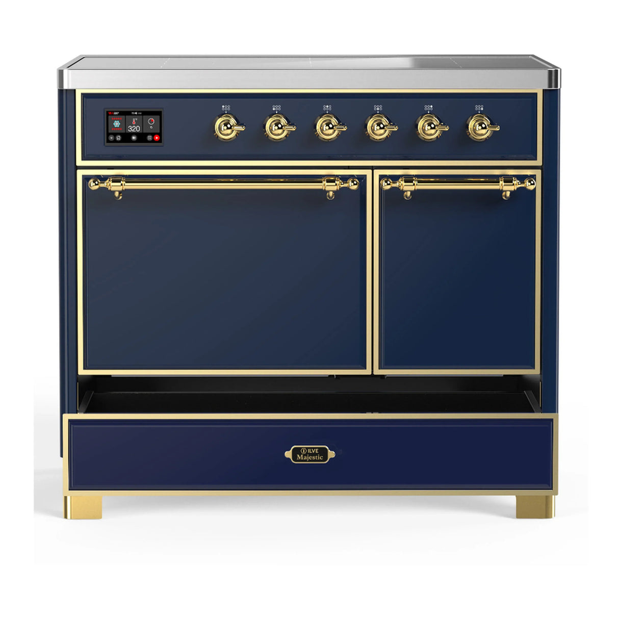 ILVE Majestic III 40-Inch Induction Range with 6 Induction Elements and Solid Door Electric Oven in Mightnight Blue with Brass Trim (UMDIB40QNR3MBG)