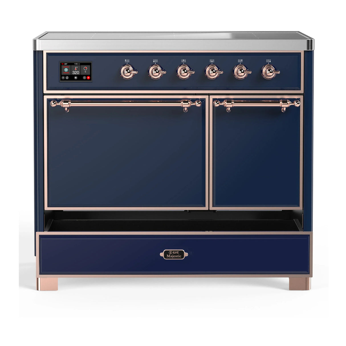 ILVE Majestic III 40-Inch Induction Range with 6 Induction Elements and Solid Door Electric Oven in Mightnight Blue with Copper Trim (UMDIB40QNR3MBP)