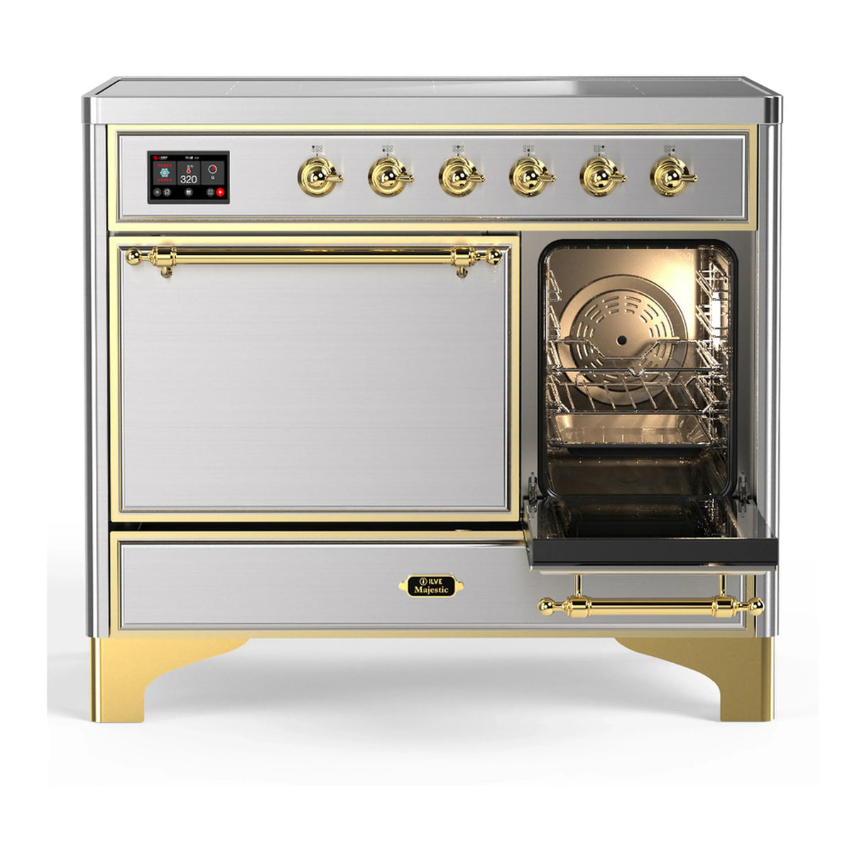 ILVE Majestic III 40-Inch Induction Range with 6 Induction Elements and Solid Door Electric Oven in Stainless Steel with Brass Trim (UMDIB40QNR3SSG)