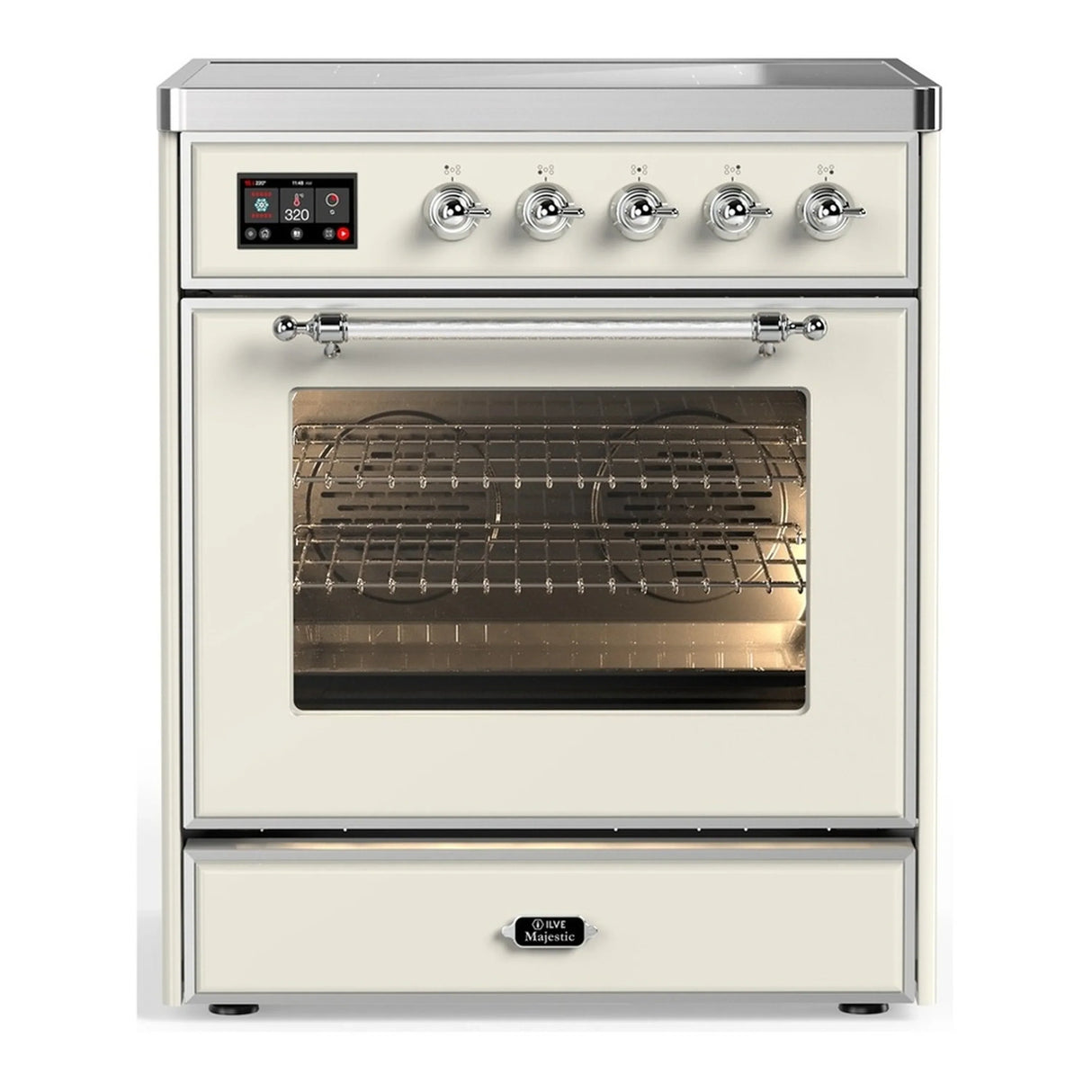 ILVE Majestic III 30-Inch Induction Range with 4 Induction Elements and Triple Glass Door Electric Oven in Antique White with Chrome Trim (UMIB30NR3AWC)