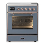 ILVE Majestic III 30-Inch Induction Range with 4 Induction Elements and Triple Glass Door Electric Oven in Blue Grey with Copper Trim (UMIB30NR3BGP)