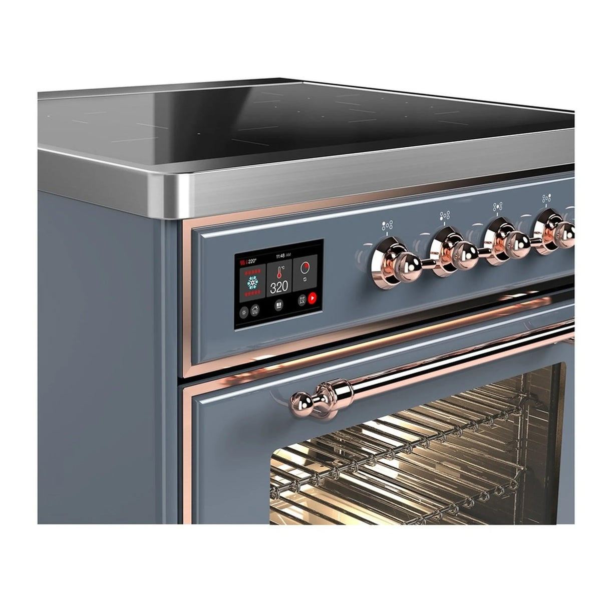 ILVE Majestic III 30-Inch Induction Range with 4 Induction Elements and Triple Glass Door Electric Oven in Blue Grey with Copper Trim (UMIB30NR3BGP)