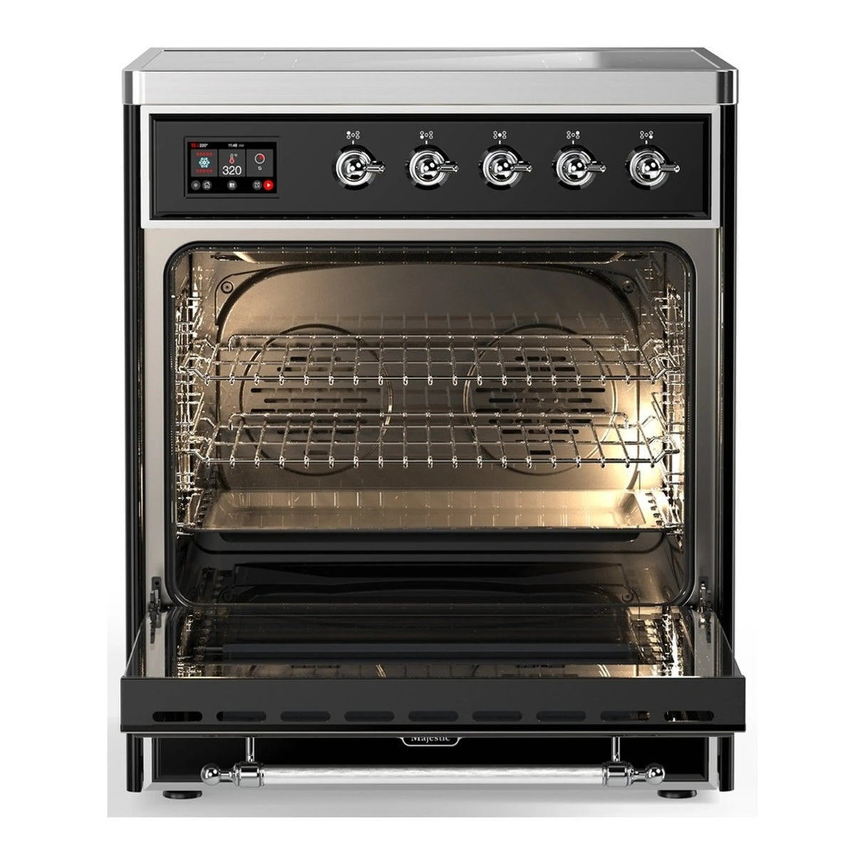 ILVE Majestic III 30-Inch Induction Range with 4 Induction Elements and Triple Glass Door Electric Oven in Glossy Black with Chrome Trim (UMIB30NR3BKC)