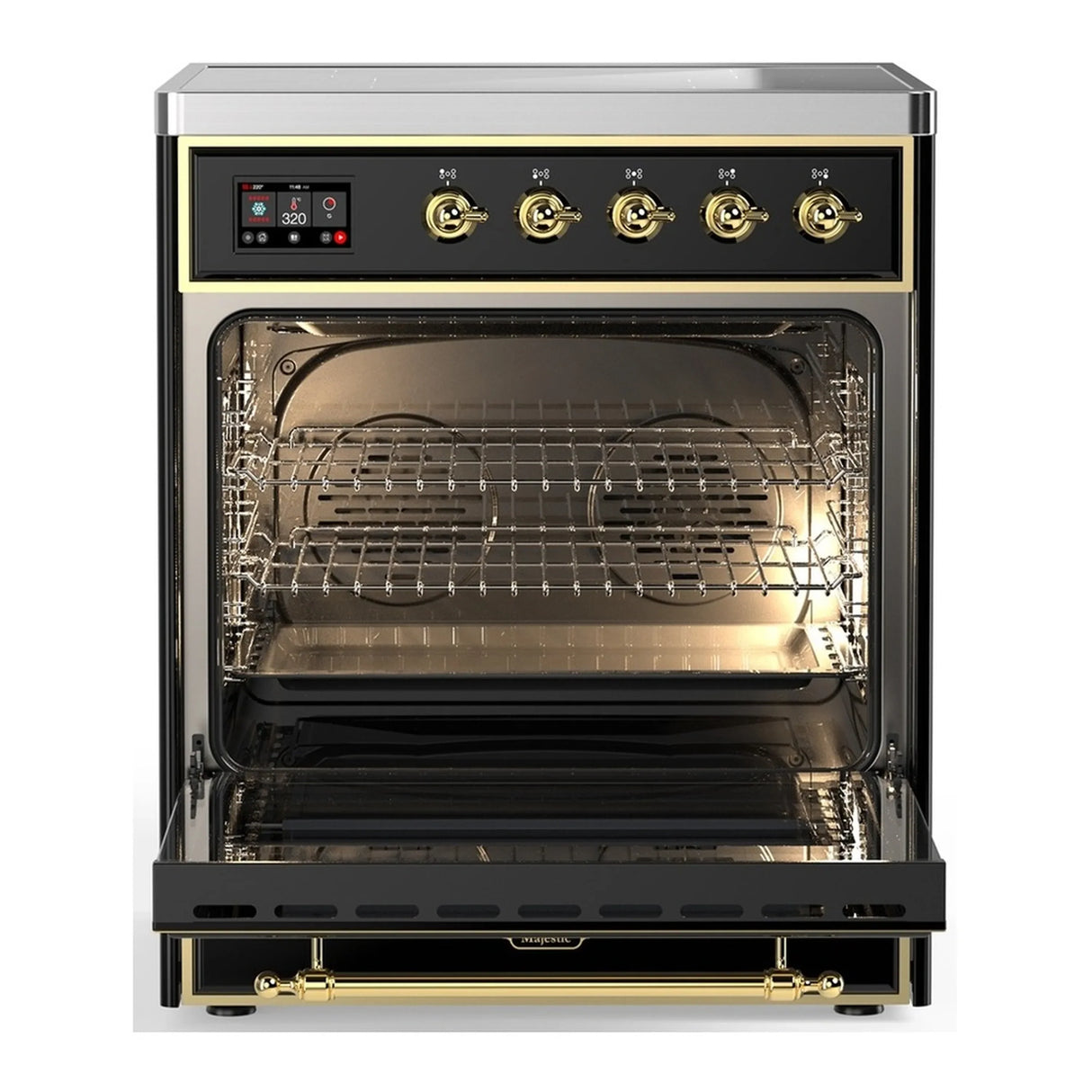 ILVE Majestic III 30-Inch Induction Range with 4 Induction Elements and Triple Glass Door Electric Oven in Glossy Black with Brass Trim (UMIB30NR3BKG)