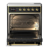 ILVE Majestic III 30-Inch Induction Range with 4 Induction Elements and Triple Glass Door Electric Oven in Glossy Black with Brass Trim (UMIB30NR3BKG)