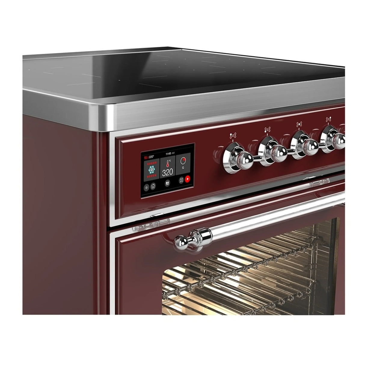ILVE Majestic III 30-Inch Induction Range with 4 Induction Elements and Triple Glass Door Electric Oven in Burgundy with Chrome Trim (UMIB30NR3BUC)