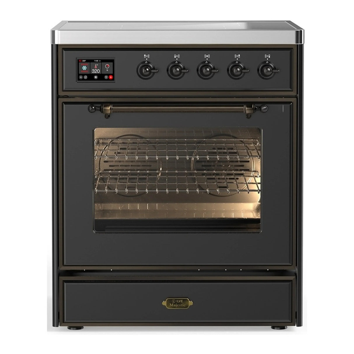 ILVE Majestic III 30-Inch Induction Range with 4 Induction Elements and Triple Glass Door Electric Oven in Matte Graphite with Burnished Trim (UMIB30NR3MGB)