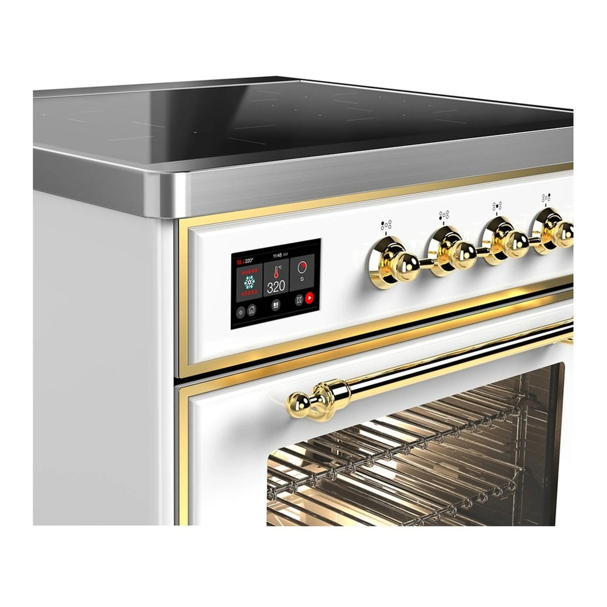 ILVE Majestic III 30-Inch Induction Range with 4 Induction Elements and Triple Glass Door Electric Oven in White with Brass Trim (UMIB30NR3WHG)