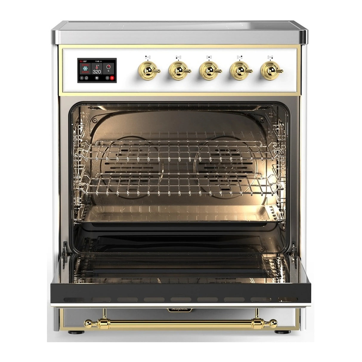 ILVE Majestic III 30-Inch Induction Range with 4 Induction Elements and Triple Glass Door Electric Oven in White with Brass Trim (UMIB30NR3WHG)