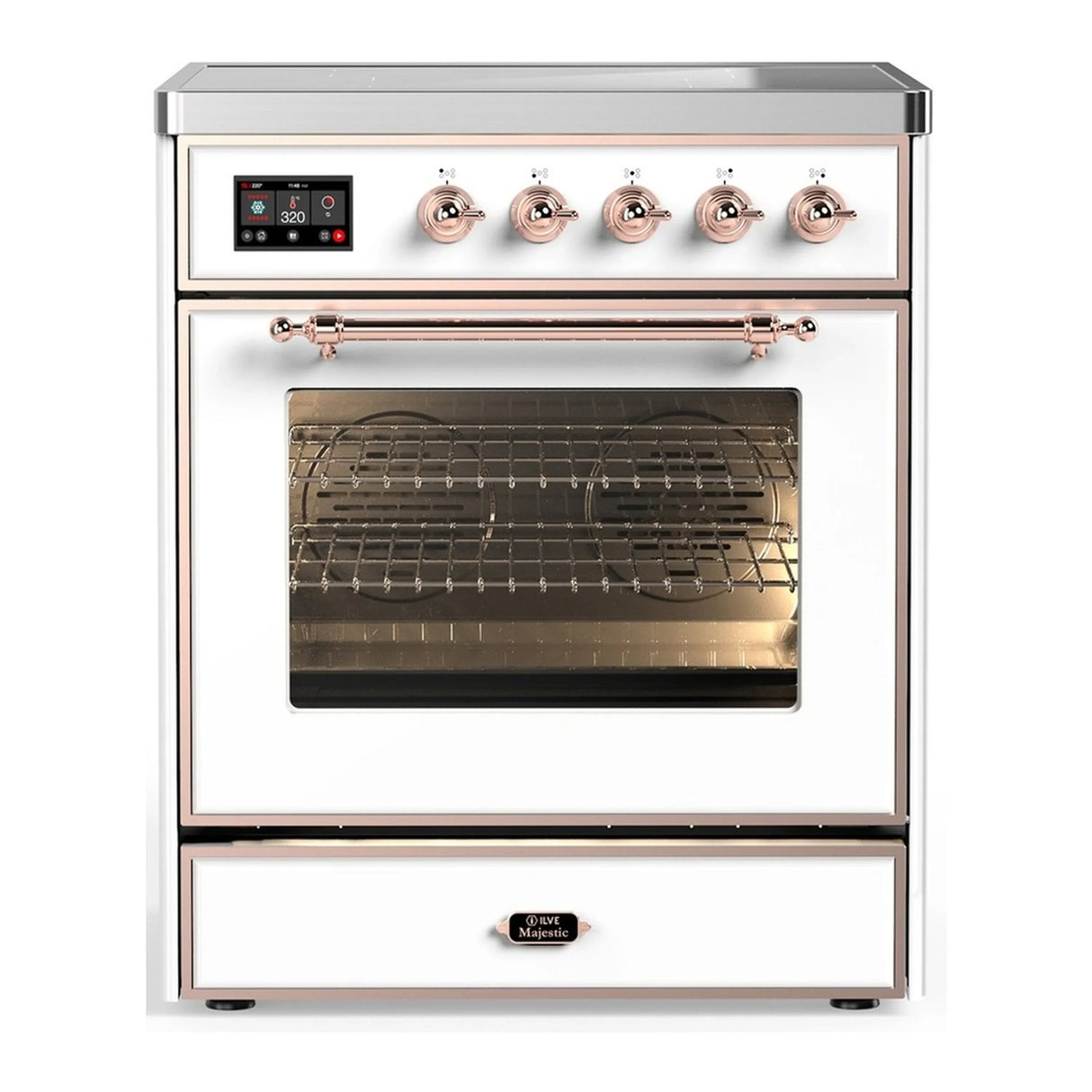 ILVE Majestic III 30-Inch Induction Range with 4 Induction Elements and Triple Glass Door Electric Oven in White with Copper Trim (UMIB30NR3WHP)