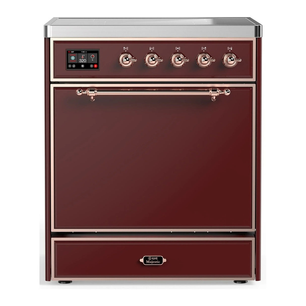 ILVE Majestic III 30-Inch Induction Range with 4 Induction Elements and Solid Door Electric Oven in Burgundy with Copper Trim (UMIB30QNR3BUP)