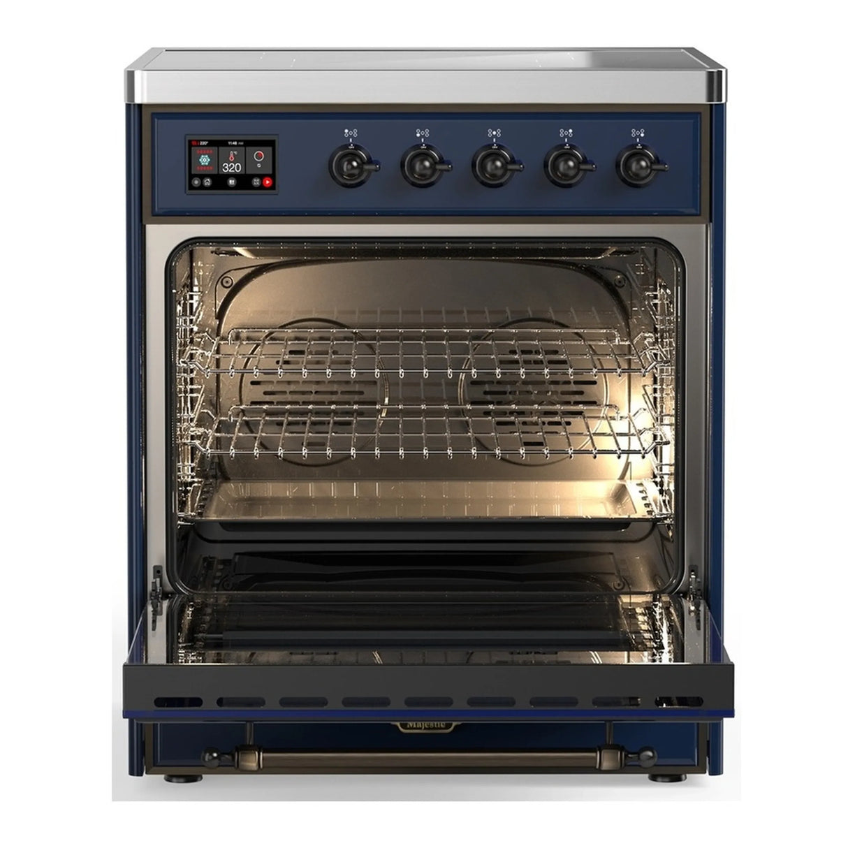 ILVE Majestic III 30-Inch Induction Range with 4 Induction Elements and Solid Door Electric Oven in Mightnight Blue with Burnished Trim (UMIB30QNR3MBB)