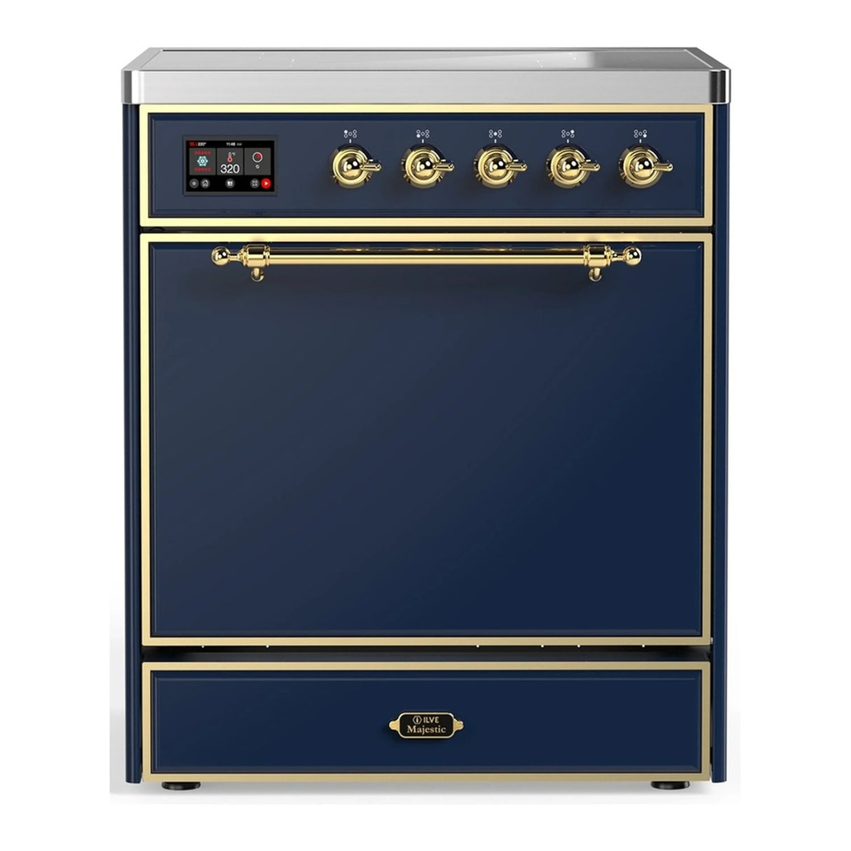ILVE Majestic III 30-Inch Induction Range with 4 Induction Elements and Solid Door Electric Oven in Mightnight Blue with Brass Trim (UMIB30QNR3MBG)