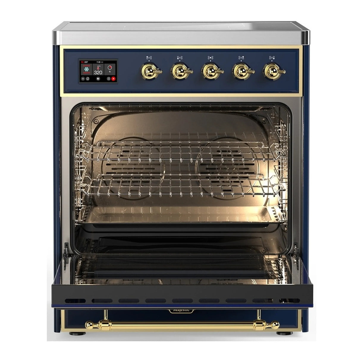 ILVE Majestic III 30-Inch Induction Range with 4 Induction Elements and Solid Door Electric Oven in Mightnight Blue with Brass Trim (UMIB30QNR3MBG)