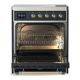 ILVE Majestic III 30-Inch Induction Range with 4 Induction Elements and Solid Door Electric Oven in Mightnight Blue with Brass Trim (UMIB30QNR3MBG)