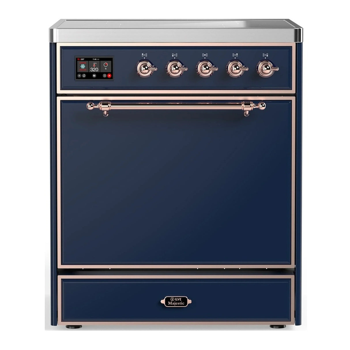 ILVE Majestic III 30-Inch Induction Range with 4 Induction Elements and Solid Door Electric Oven in Mightnight Blue with Copper Trim (UMIB30QNR3MBP)