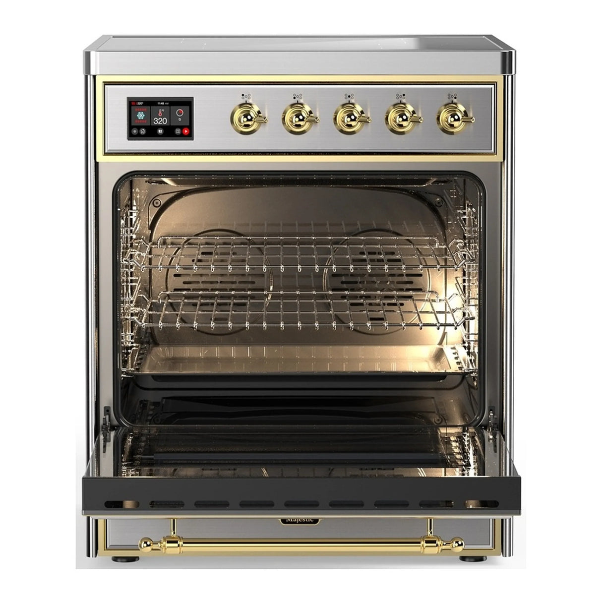 ILVE Majestic III 30-Inch Induction Range with 4 Induction Elements and Solid Door Electric Oven in Stainless Steel with Brass Trim (UMIB30QNR3SSG)