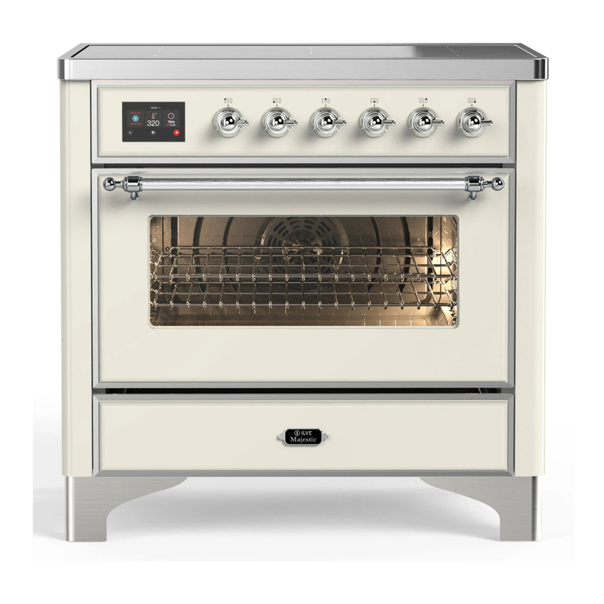 ILVE Majestic III 36-Inch Induction Range with 6 Induction Elements and Triple Glass Door Electric Oven in Antique White with Chrome Trim (UMIB36NR3AWC)
