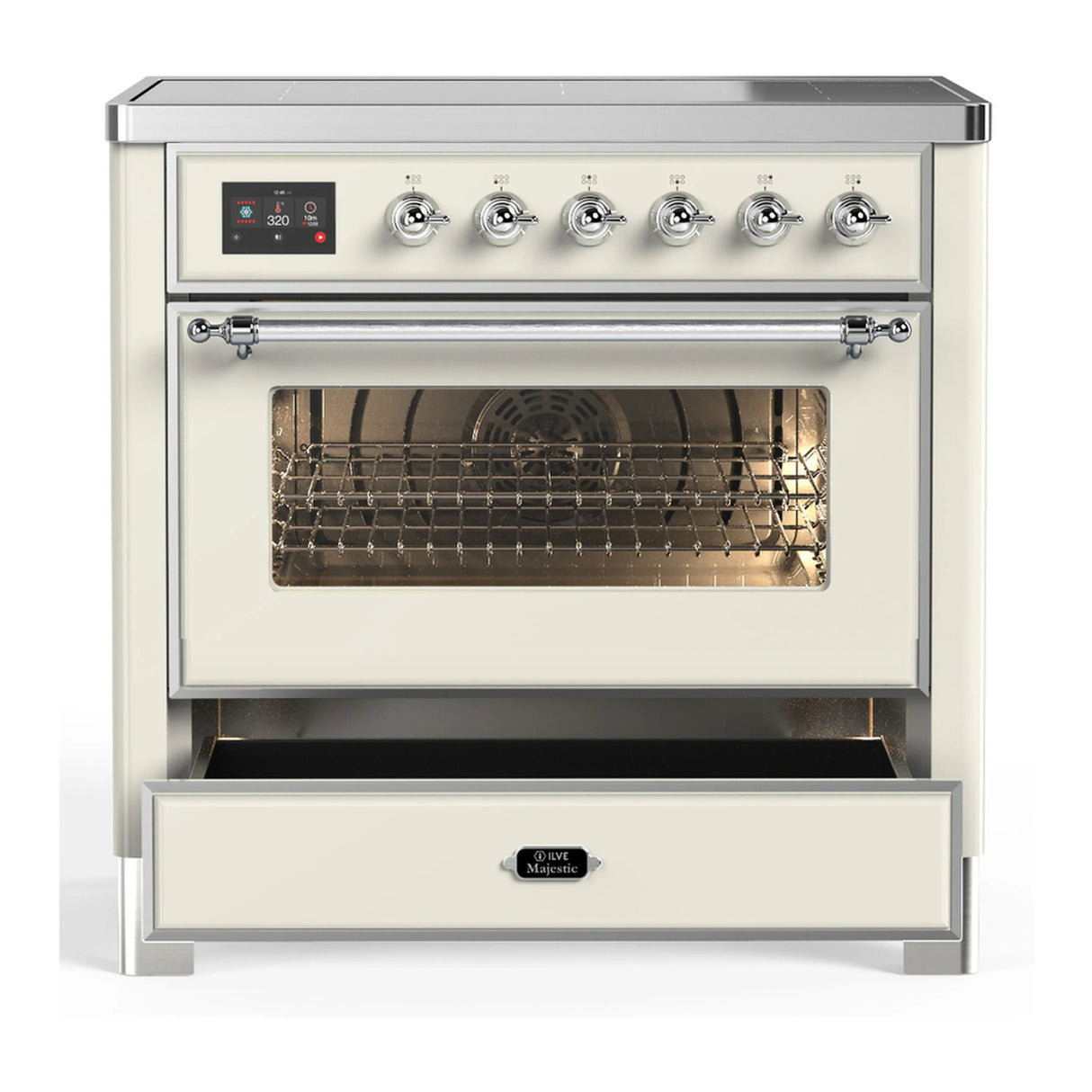 ILVE Majestic III 36-Inch Induction Range with 6 Induction Elements and Triple Glass Door Electric Oven in Antique White with Chrome Trim (UMIB36NR3AWC)