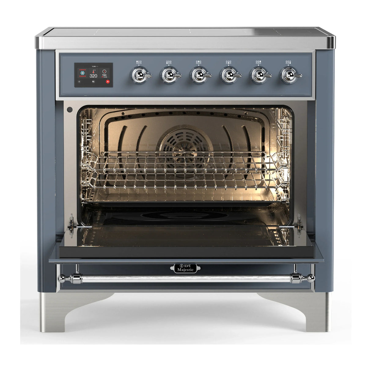 ILVE Majestic III 36-Inch Induction Range with 6 Induction Elements and Triple Glass Door Electric Oven in Blue Grey with Chrome Trim (UMIB36NR3BGC)