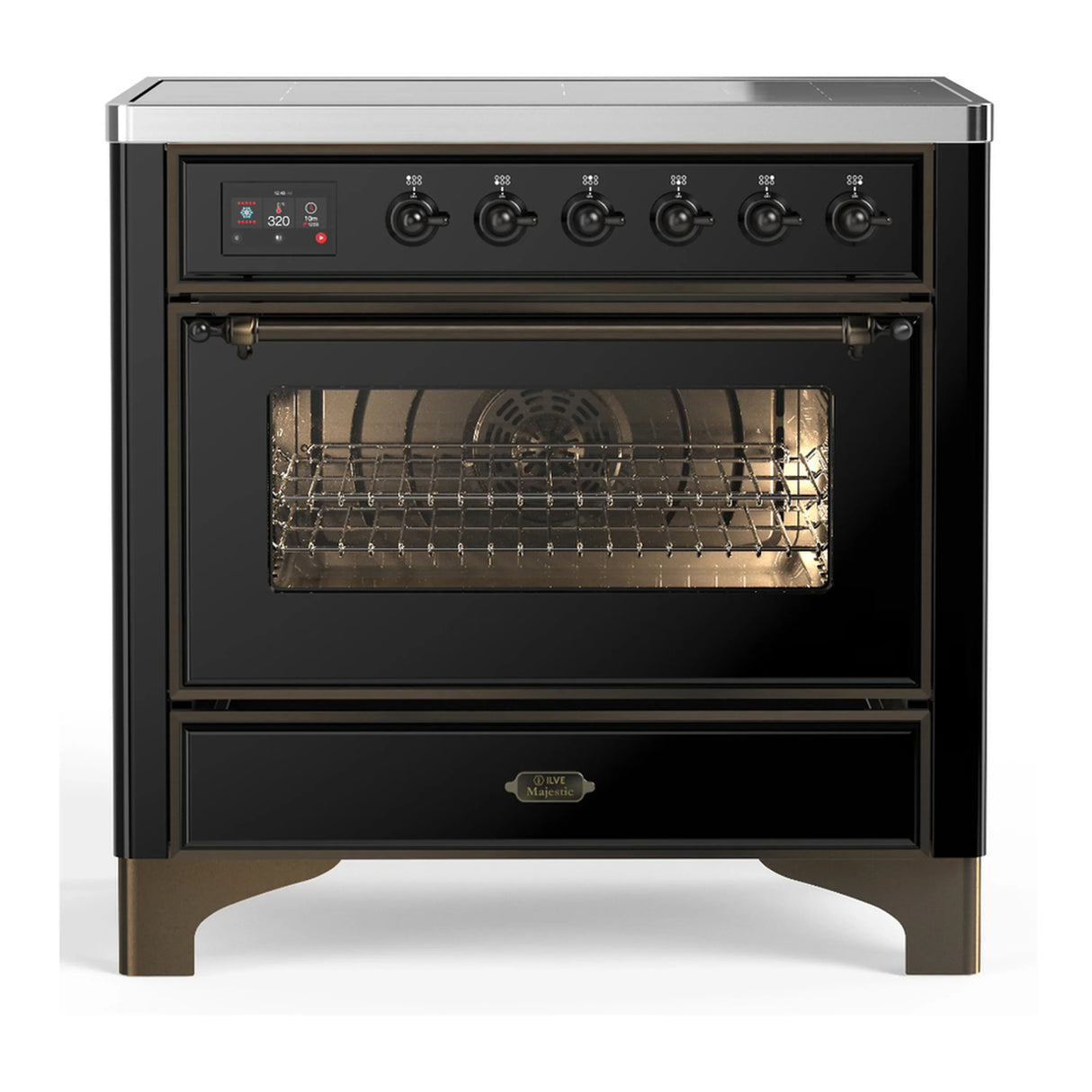 ILVE Majestic III 36-Inch Induction Range with 6 Induction Elements and Triple Glass Door Electric Oven in Glossy Black with Burnished Trim (UMIB36NR3BKB)