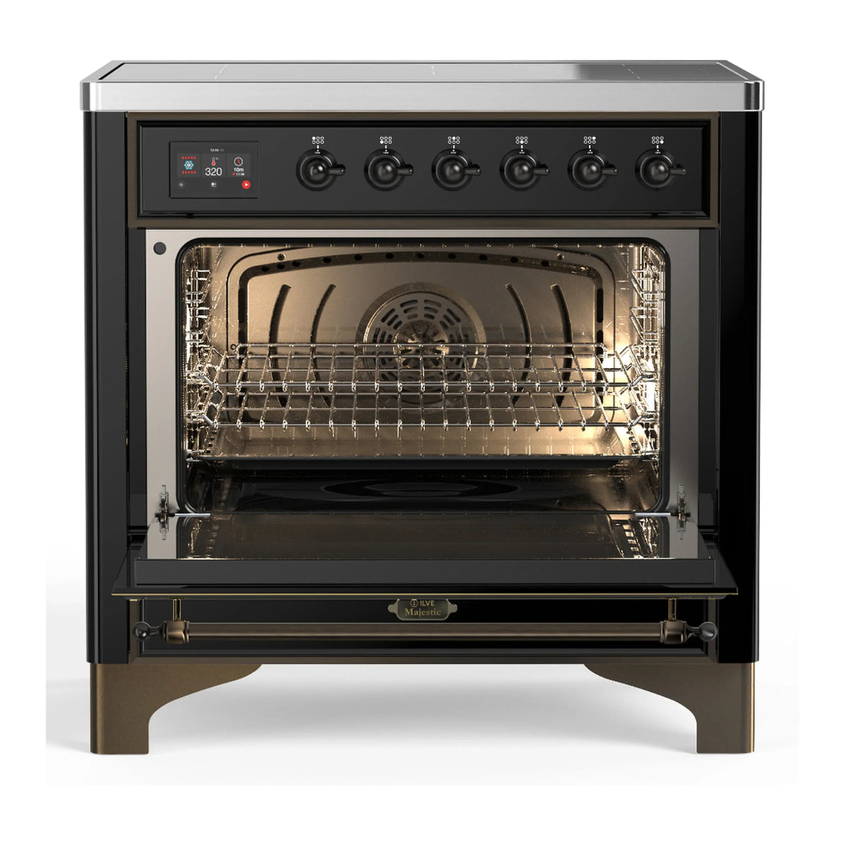 ILVE Majestic III 36-Inch Induction Range with 6 Induction Elements and Triple Glass Door Electric Oven in Glossy Black with Burnished Trim (UMIB36NR3BKB)