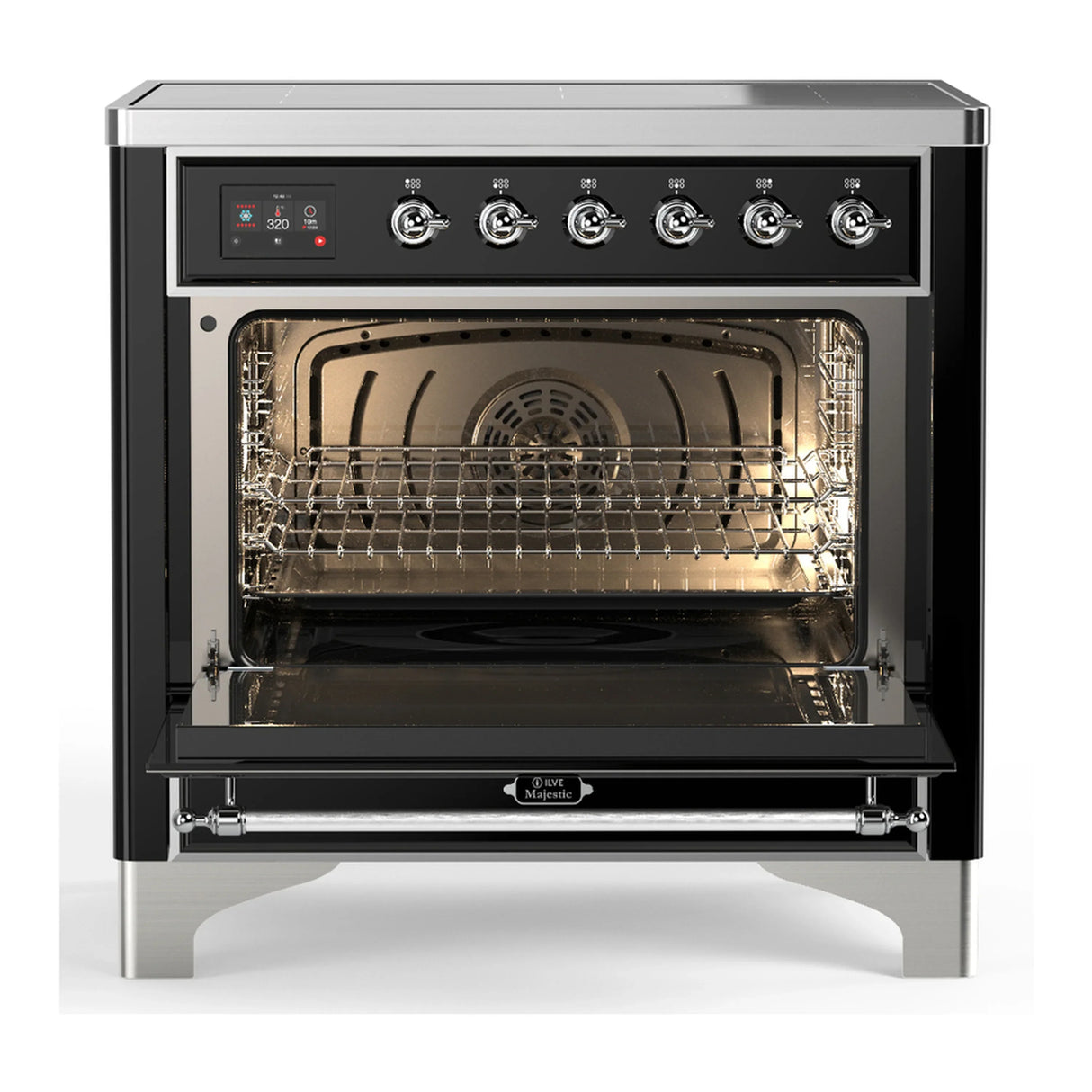 ILVE Majestic III 36-Inch Induction Range with 6 Induction Elements and Triple Glass Door Electric Oven in Glossy Black with Chrome Trim (UMIB36NR3BKC)