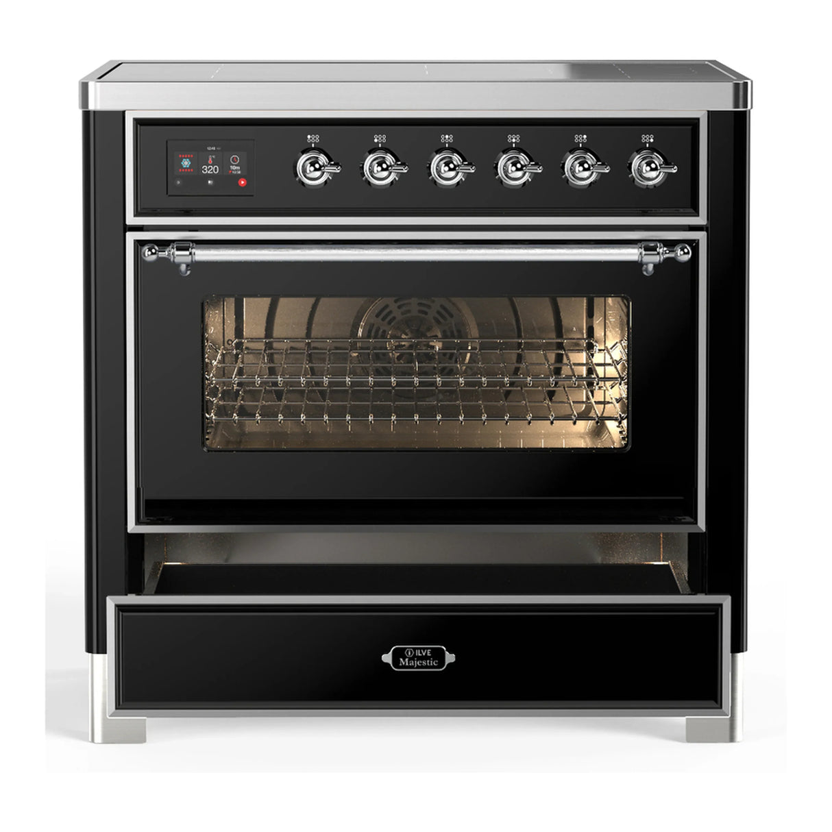 ILVE Majestic III 36-Inch Induction Range with 6 Induction Elements and Triple Glass Door Electric Oven in Glossy Black with Chrome Trim (UMIB36NR3BKC)
