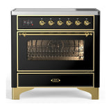 ILVE Majestic III 36-Inch Induction Range with 6 Induction Elements and Triple Glass Door Electric Oven in Glossy Black with Brass Trim (UMIB36NR3BKG)