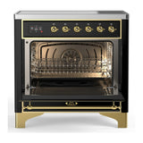 ILVE Majestic III 36-Inch Induction Range with 6 Induction Elements and Triple Glass Door Electric Oven in Glossy Black with Brass Trim (UMIB36NR3BKG)