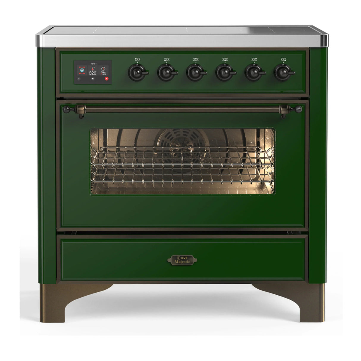 ILVE Majestic III 36-Inch Induction Range with 6 Induction Elements and Triple Glass Door Electric Oven in Emerald Green with Burnished Trim (UMIB36NR3EGB)
