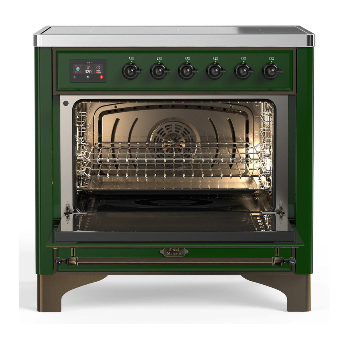 ILVE Majestic III 36-Inch Induction Range with 6 Induction Elements and Triple Glass Door Electric Oven in Emerald Green with Burnished Trim (UMIB36NR3EGB)