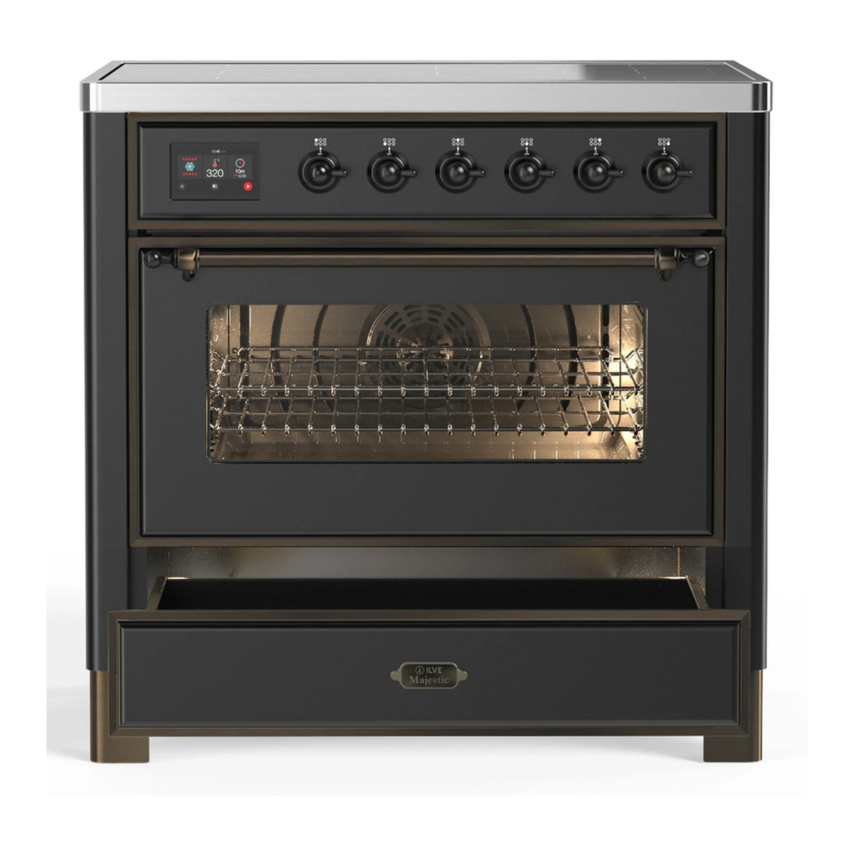 ILVE Majestic III 36-Inch Induction Range with 6 Induction Elements and Triple Glass Door Electric Oven in Matte Graphite with Burnished Trim (UMIB36NR3MGB)