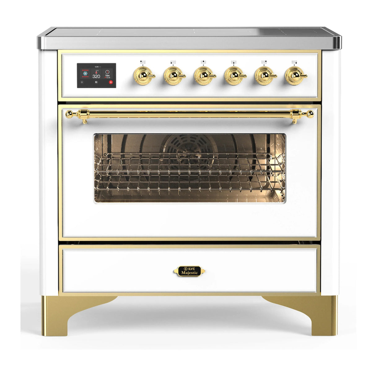 ILVE Majestic III 36-Inch Induction Range with 6 Induction Elements and Triple Glass Door Electric Oven in White with Brass Trim (UMIB36NR3WHG)
