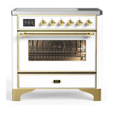 ILVE Majestic III 36-Inch Induction Range with 6 Induction Elements and Triple Glass Door Electric Oven in White with Brass Trim (UMIB36NR3WHG)